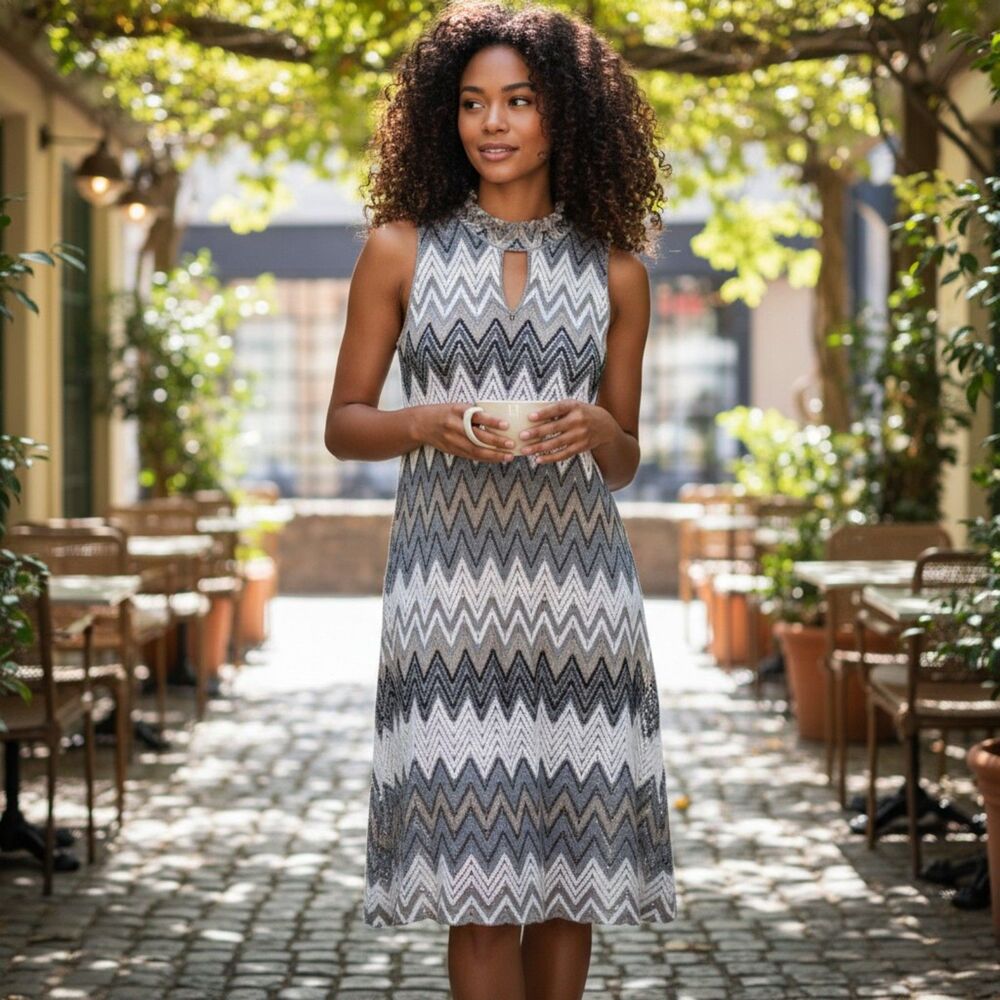 Tacera Allover Lace Chevron Striped Sleeveless Dress